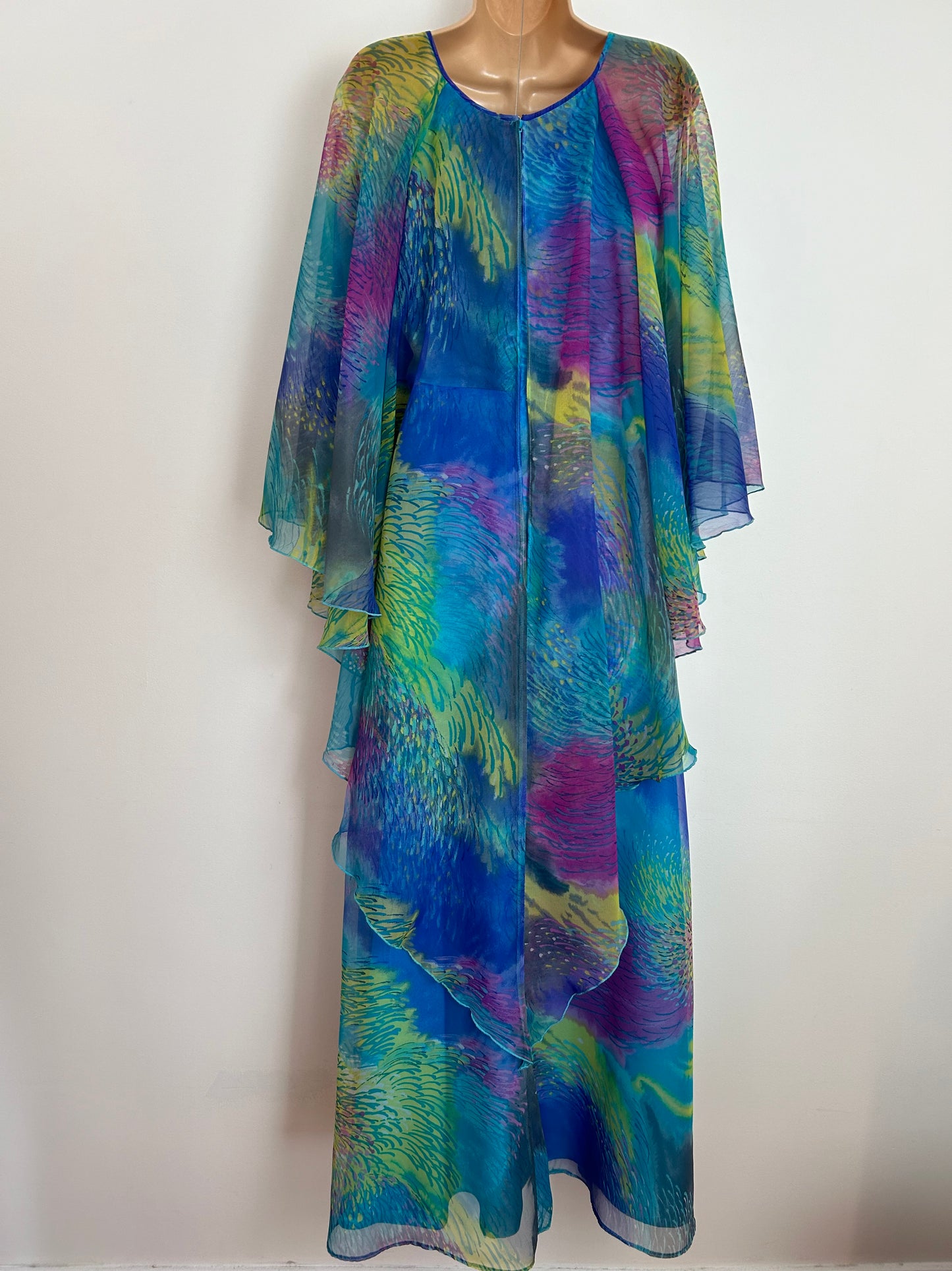 Vintage 1970s VERA MONT UK Size 6 Blue Yellowy Green & Purple Abstract Print Double Layered Very Floaty Maxi Dress