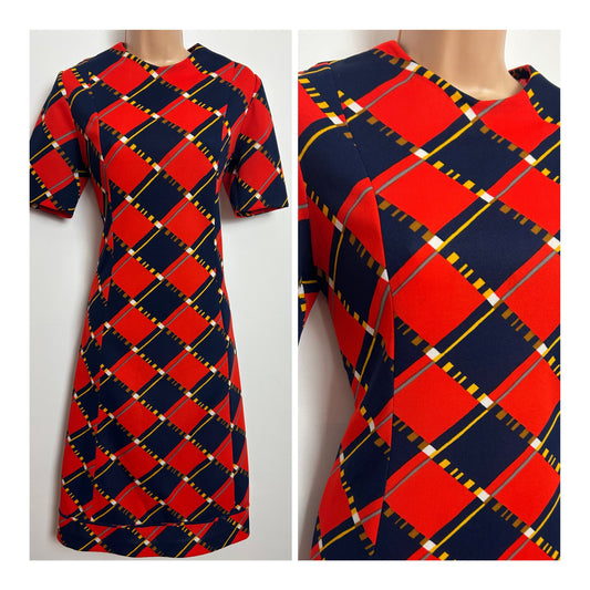 Vintage 1960s Size 10 Navy Blue & Red Diamond Check Short Sleeve Mod Shift Dress