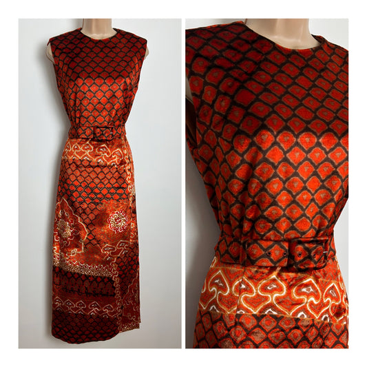 Vintage 1970s Size 12 Stunning Orange & Brown Abstract Print Velvet Belted Maxi Dress