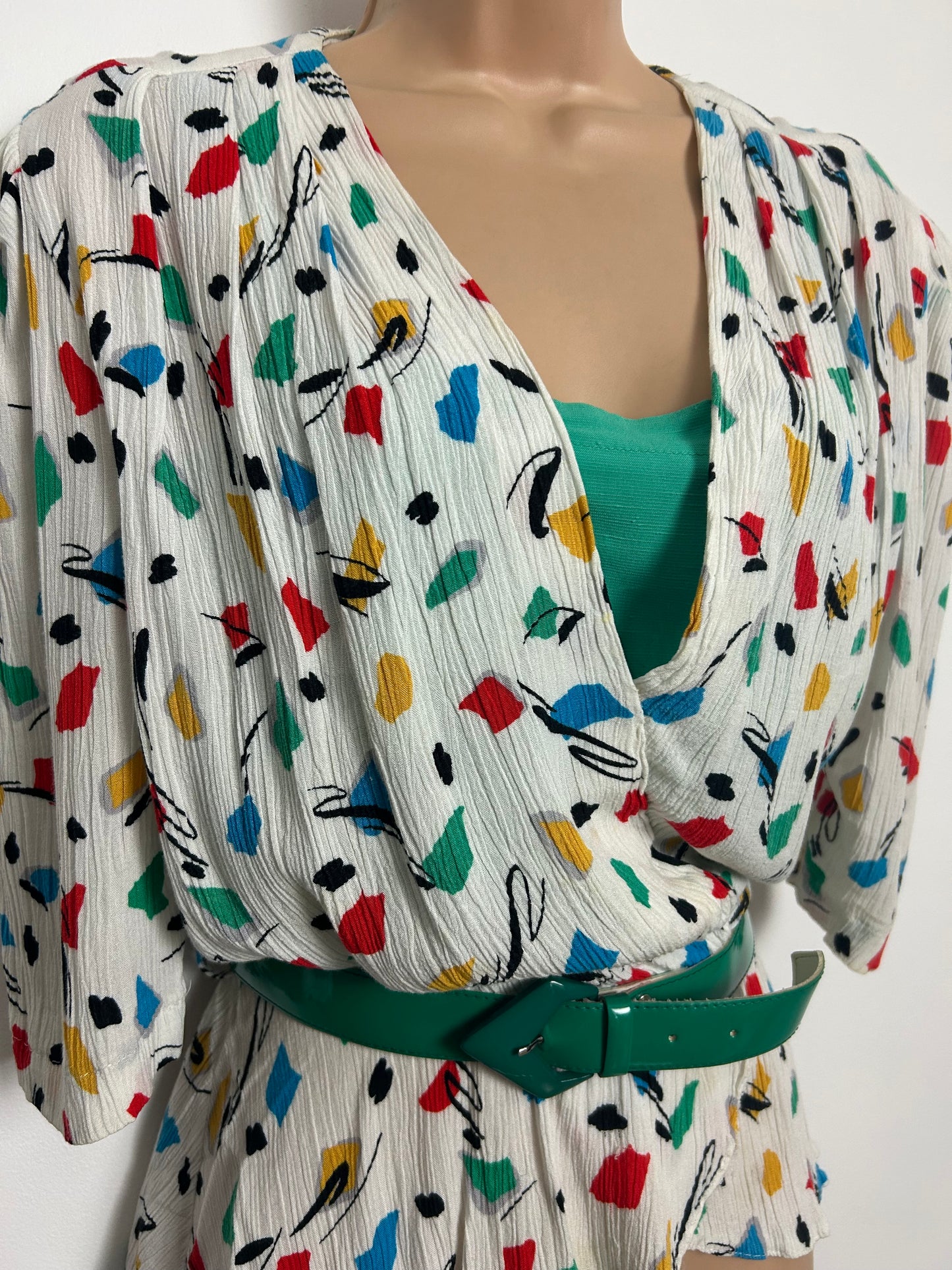 Vintage 1980s Size 12-14 White Red Green Yellow & Blue Abstract Belted Peplum Top