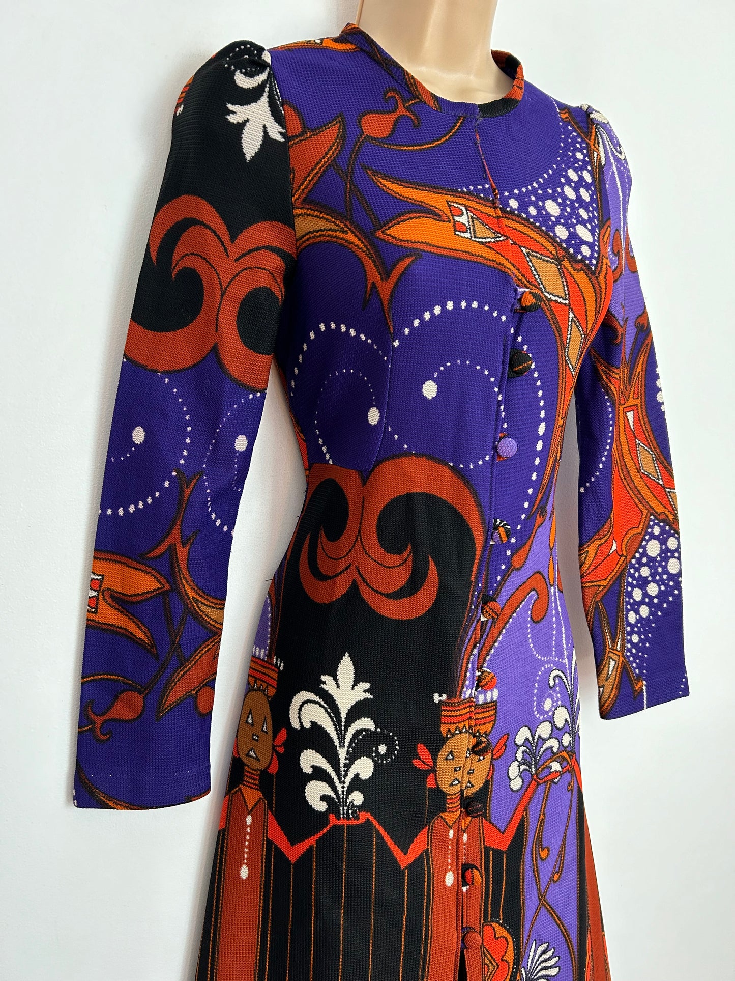 Vintage 1970s SHELANA UK Size 6 Purple & Rusty Orange Tribal Novelty Print Long Sleeve Maxi Dress