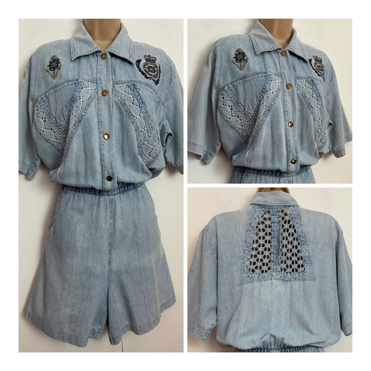 Vintage 1980s RARE ST DENIS Size 12 Pale Stonewash Denim Nautical Applique Detail Playsuit