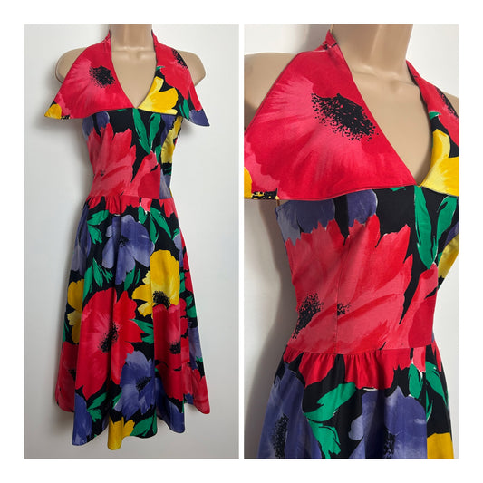 Vintage 1980s Size 8 Black Red & Yellow Wide Collared Halter Neck Summer Prom Dress