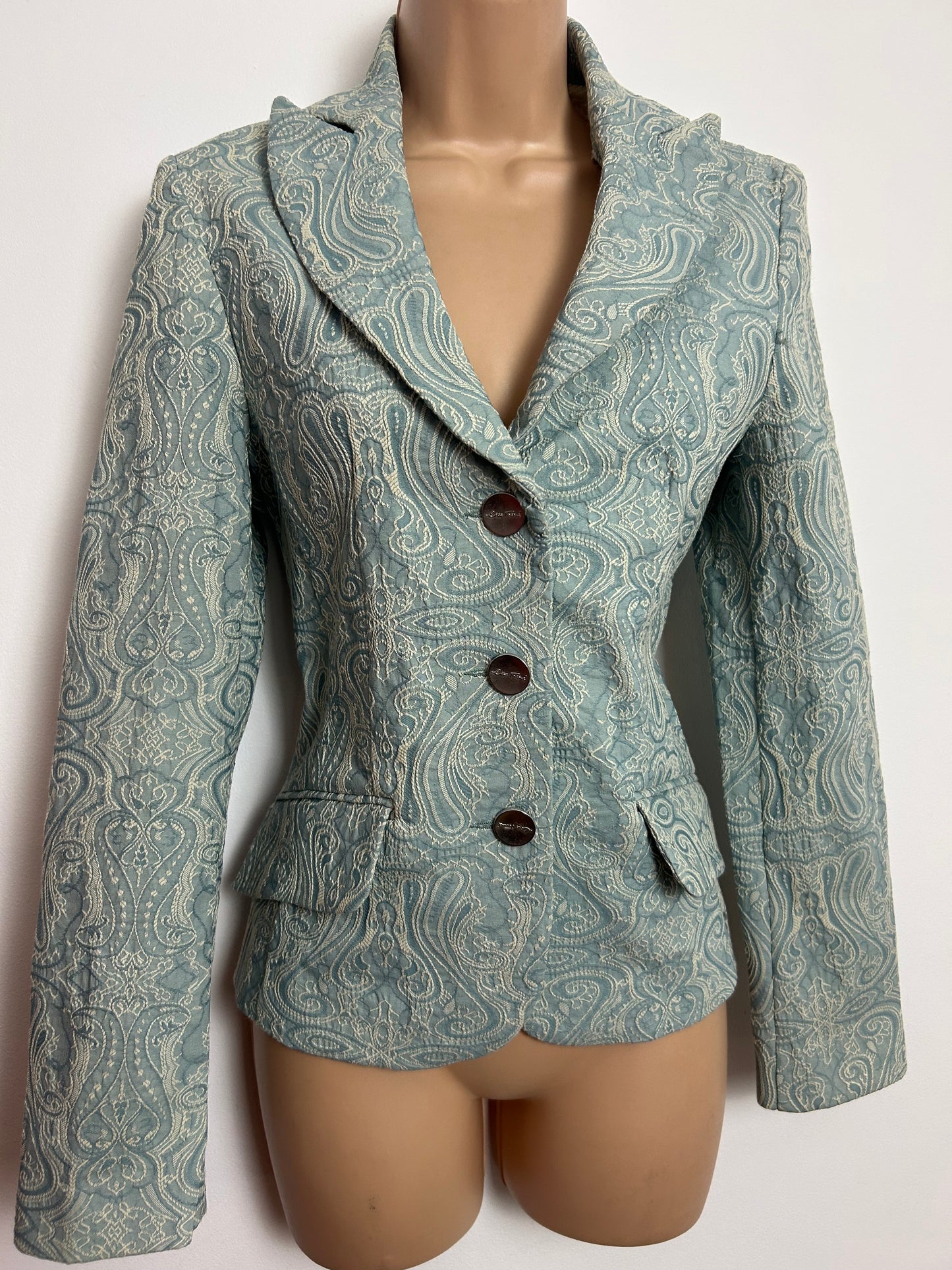 Vintage Y2K LISA TOSSA Size 10 Duck Egg Blue & Cream Embossed Pattern Jacket