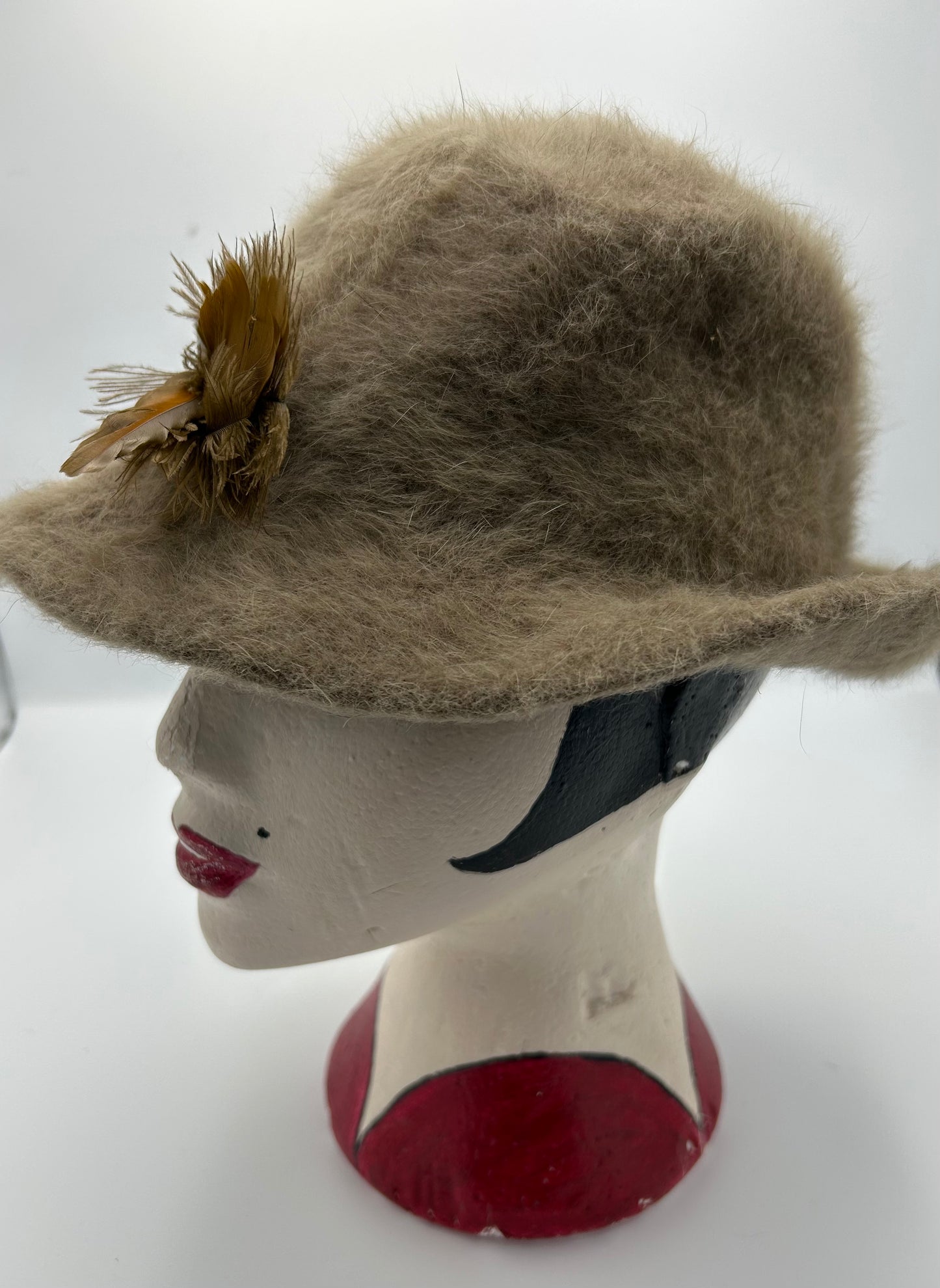 Vintage Camel Brown Angora Mix Feather Detail Trilby Style Hat