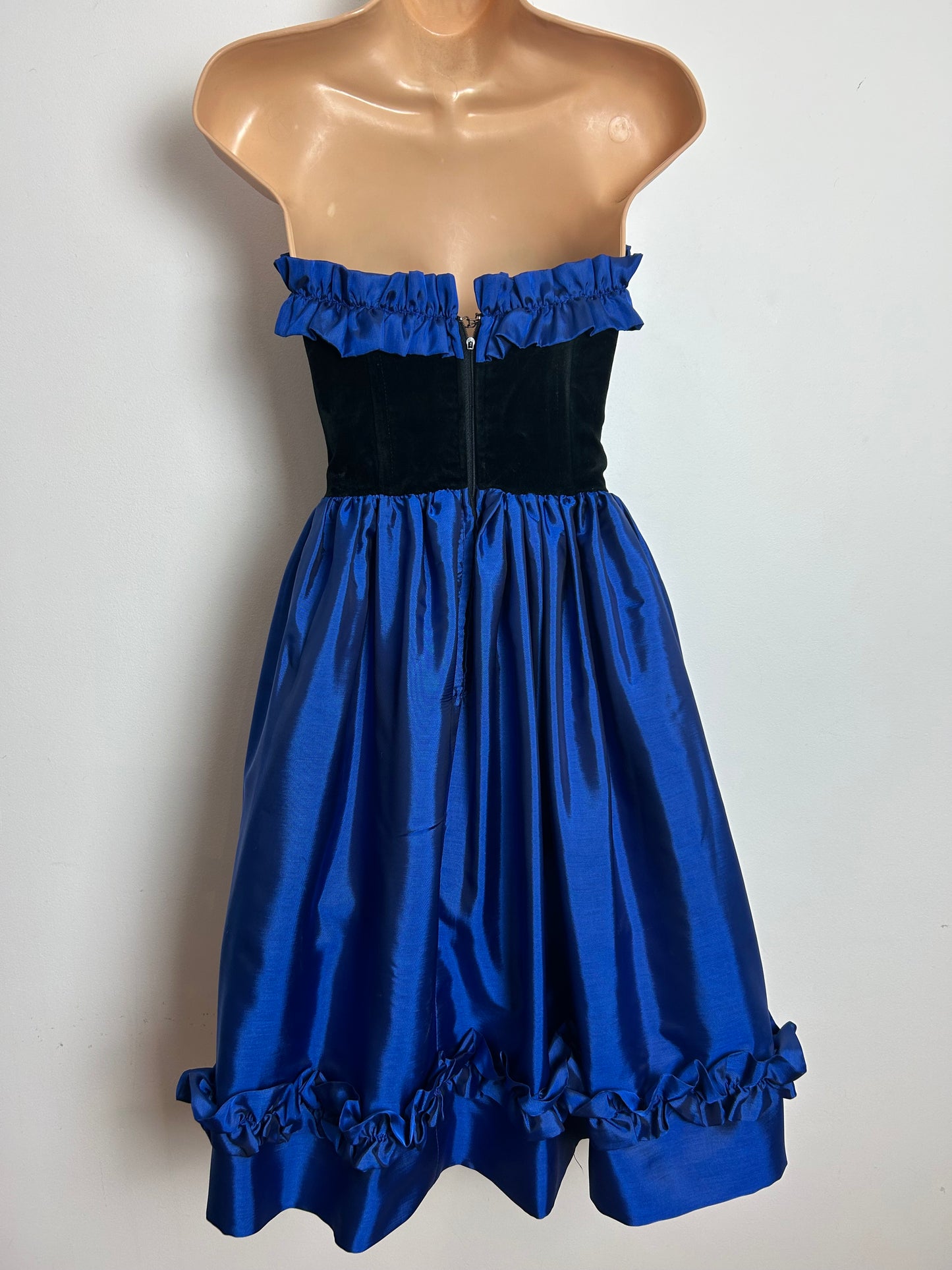 Vintage 1980s Size 10 Black & Electric Blue Velvet & Taffeta Strapless Ruffle Detail Party Prom Dress - Small Issue