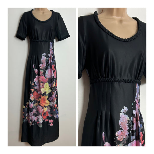 Vintage 1970s UK Size 8 Pretty Black Pink Orange & Lemon Floral Print Short Sleeve Plaited Detail Maxi Dress