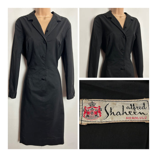 Vintage 1950s ALFRED SHAHEEN UK Size 12 Black Polished Cotton Long Sleeve Fitted Dress