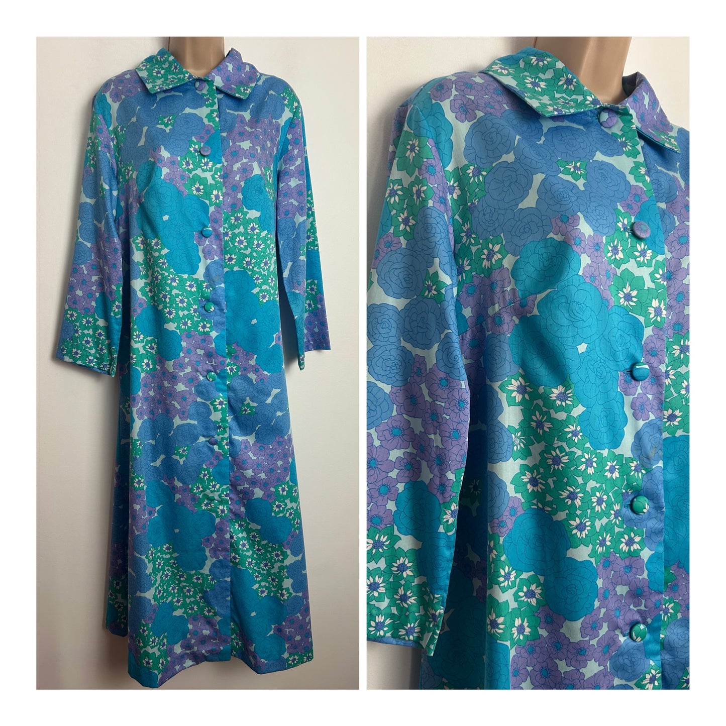 Vintage 1960s ST MICHAEL Size 14 Blue & Green Tones Floral Print Long Sleeve House Coat Dressing Gown
