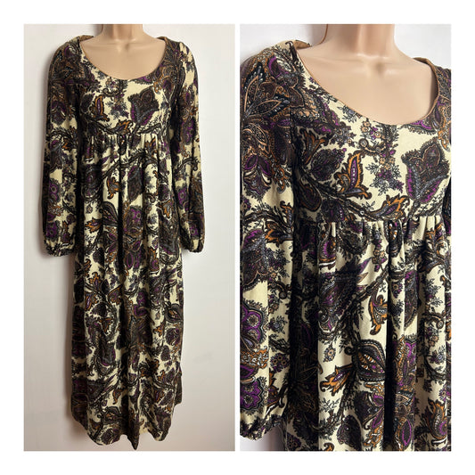 Vintage Early 1970s MIDAS UK Size 6-8 Cream Brown Mix Nouveau Floral Print Long Sleeve Boho Empire Line Midi Dress