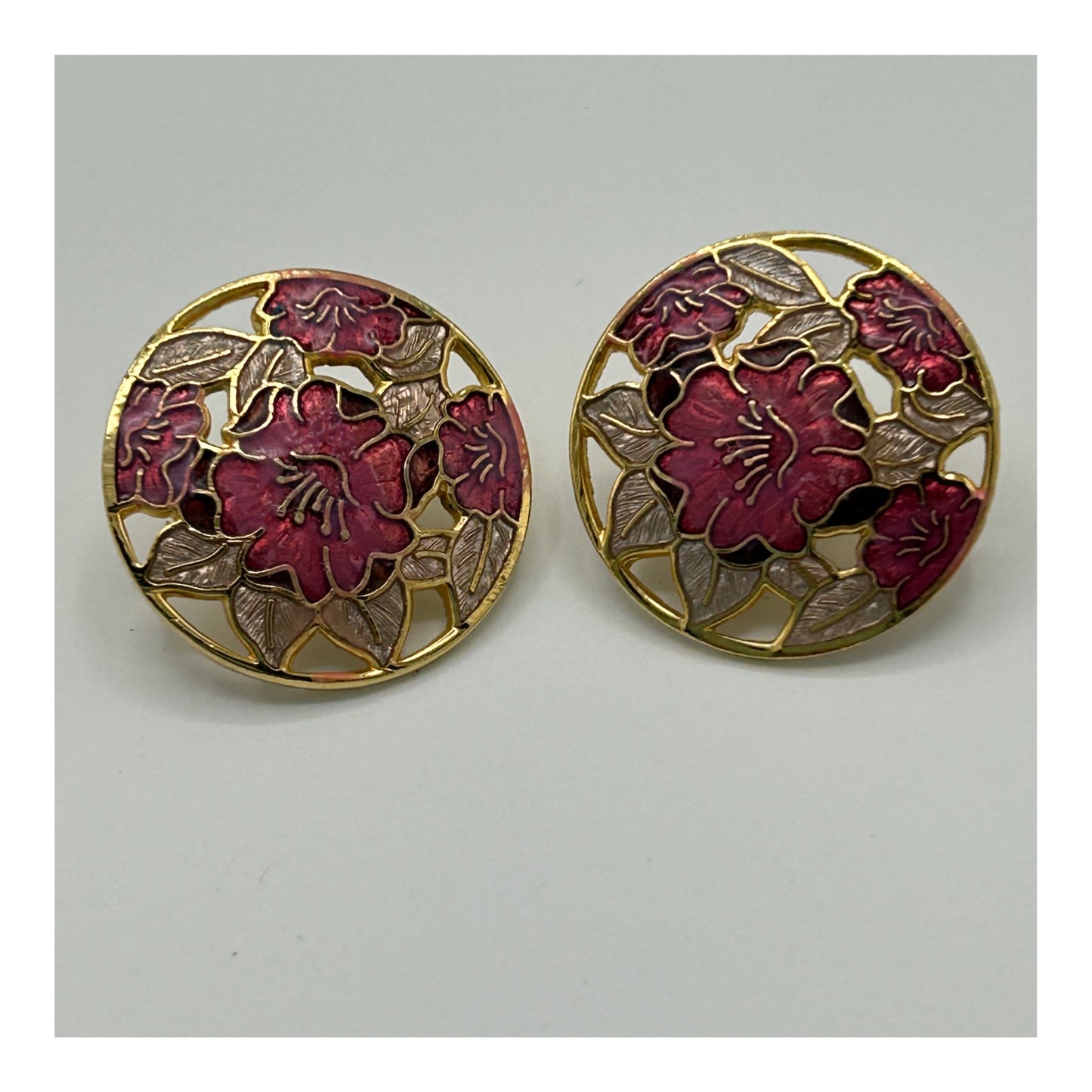 Vintage 1980s FISH Signed Gold Tone & Cloisonne Enamel Cutwork Flower Clips On Earrings