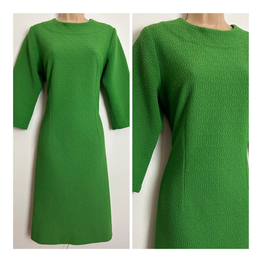 Vintage 1960s UK Size 10-12 Green Crimplene Polyester 3/4 Sleeve Mod Shift Dress
