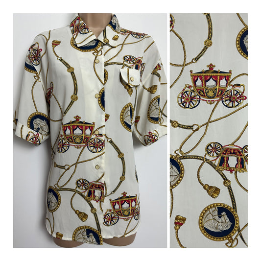 Japanese Vintage 1980s Size 14 Short Sleeve Horse & Carriage Print Shirt/Blouse