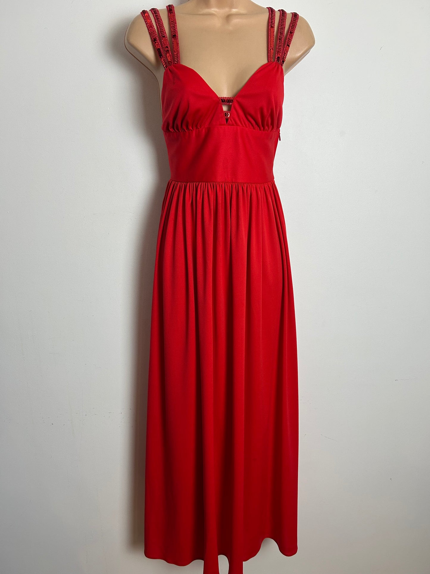 Vintage 1970s Size 6 Red Triple Sequin Strap Special Occasion Evening Maxi Dress