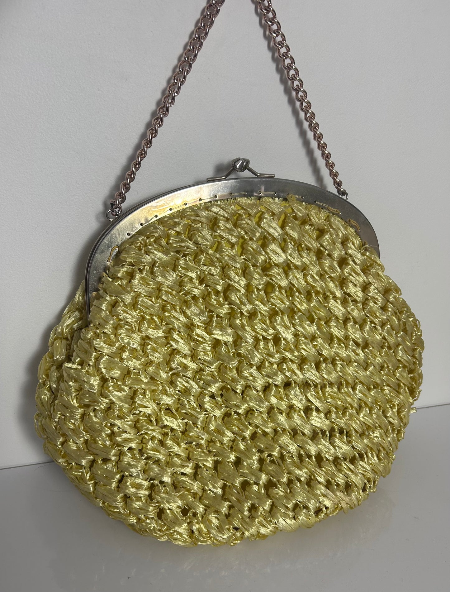 Vintage 1960s Large Lemon Raffia Style Woven Handbag With Small Silver Chain Strap.