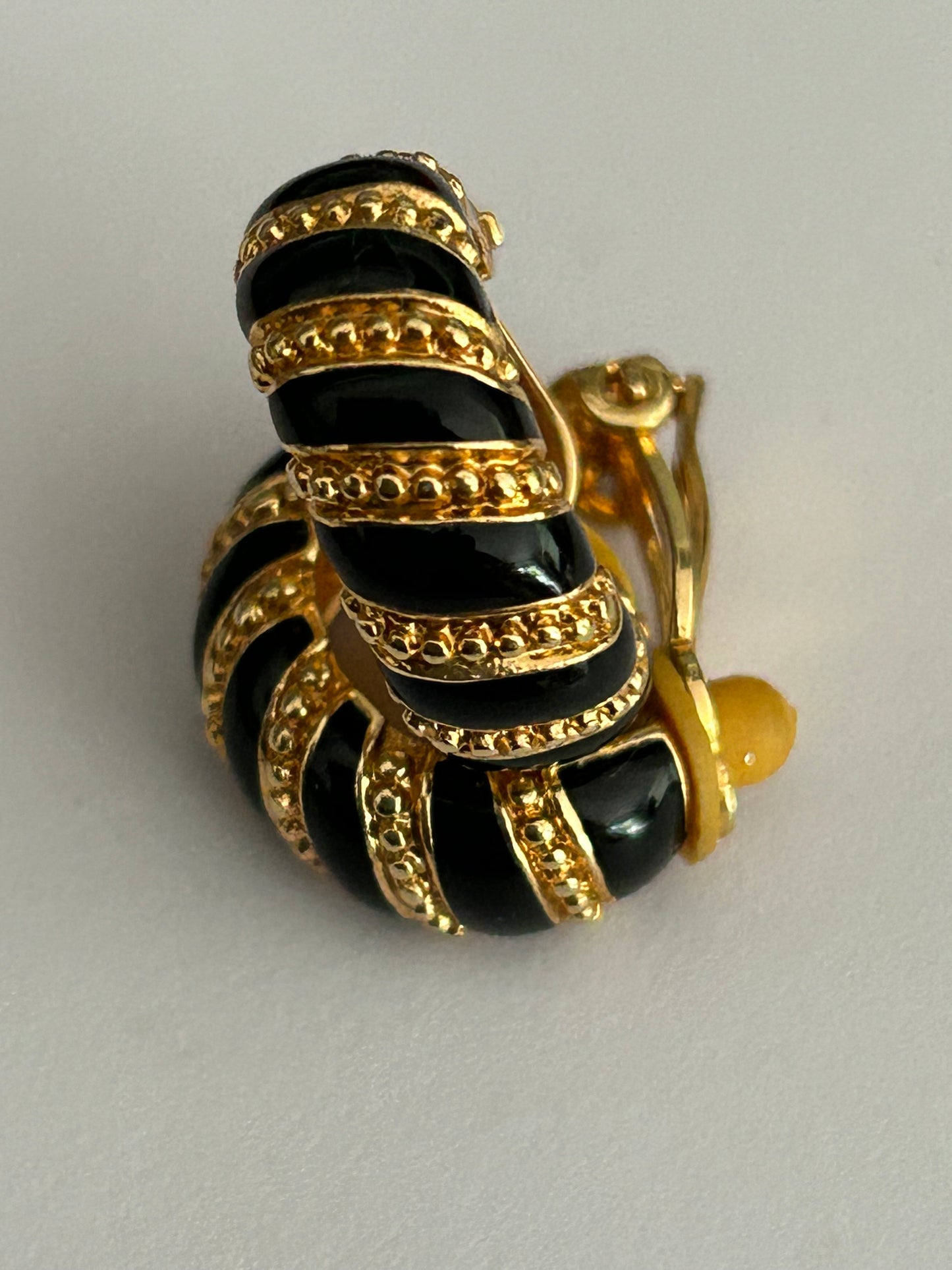 Vintage 1960s Gold Tone & Black Enamel Clip On Chunky Hoop Earrings