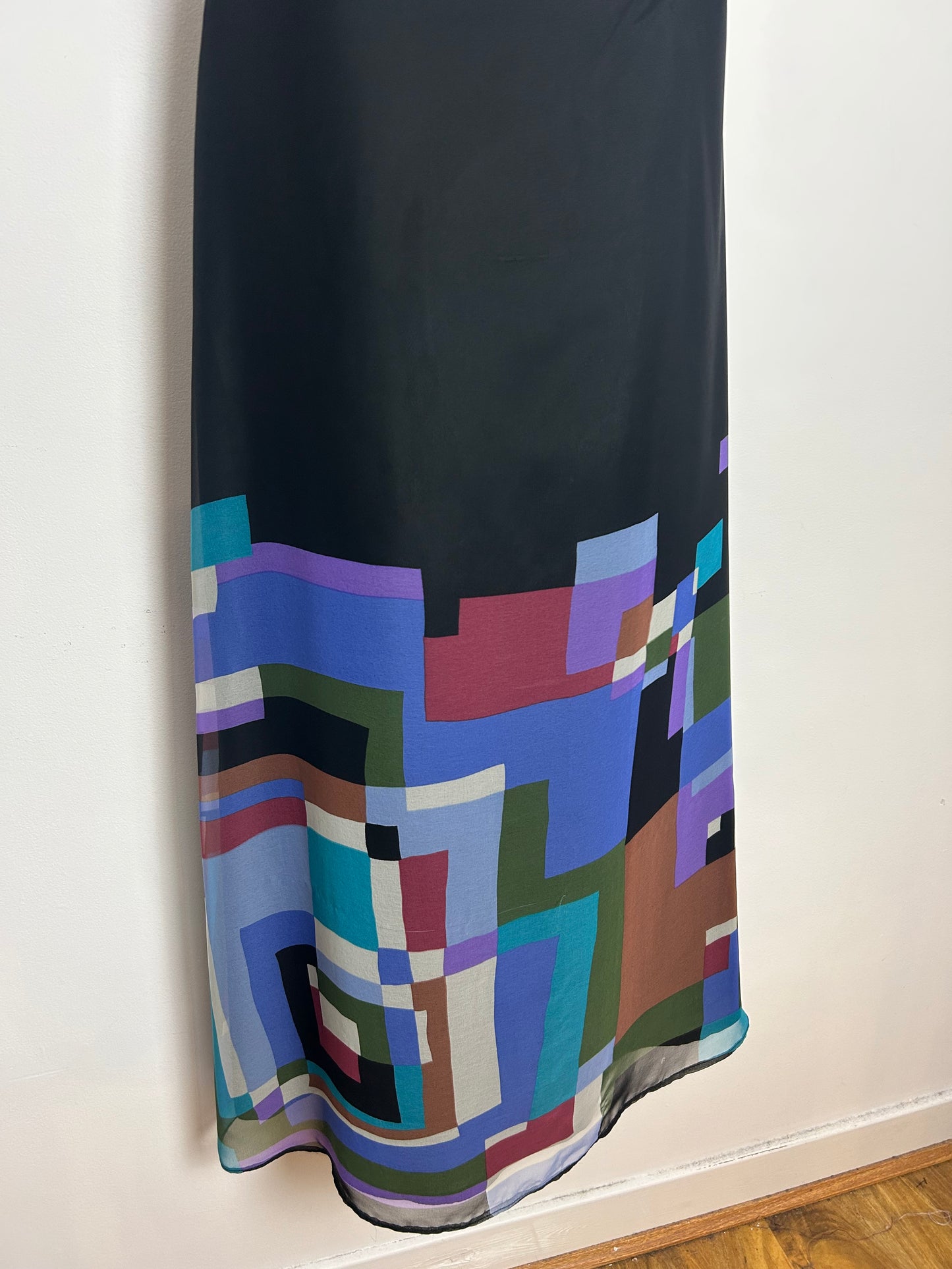 Vintage Late 1970s HOFFMANN Size 10 Black & Multi Colour Abstract Print Strappy Chiffon Maxi Dress