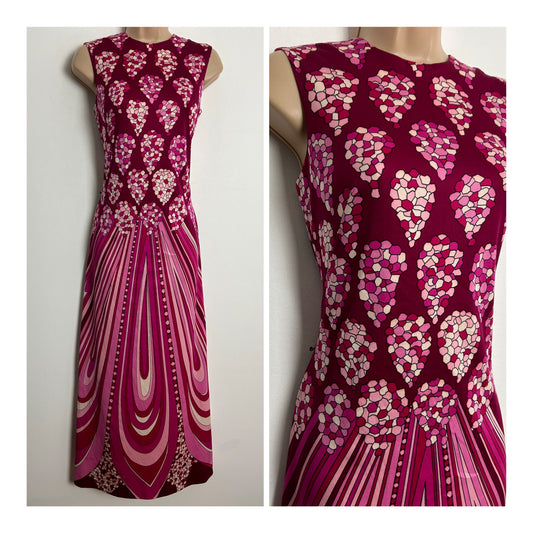 Vintage 1970s Size 10-12 Stunning Magenta & Pink Tones Abstract & Stripe Print Sleeveless Maxi Dress