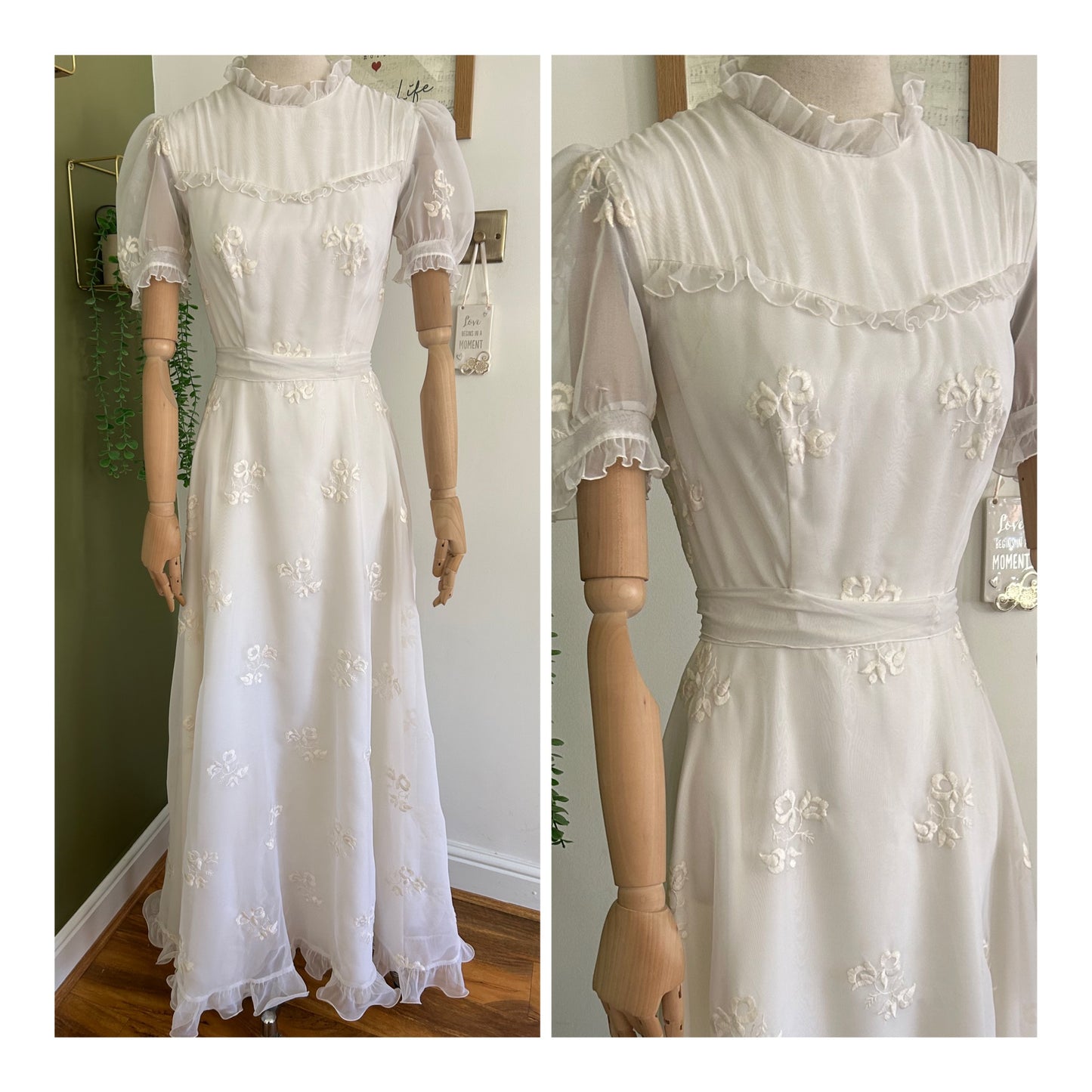 Vintage 1970s Size 4-6 White Chiffon Floral Embroidered Short Sleeve Wedding Dress
