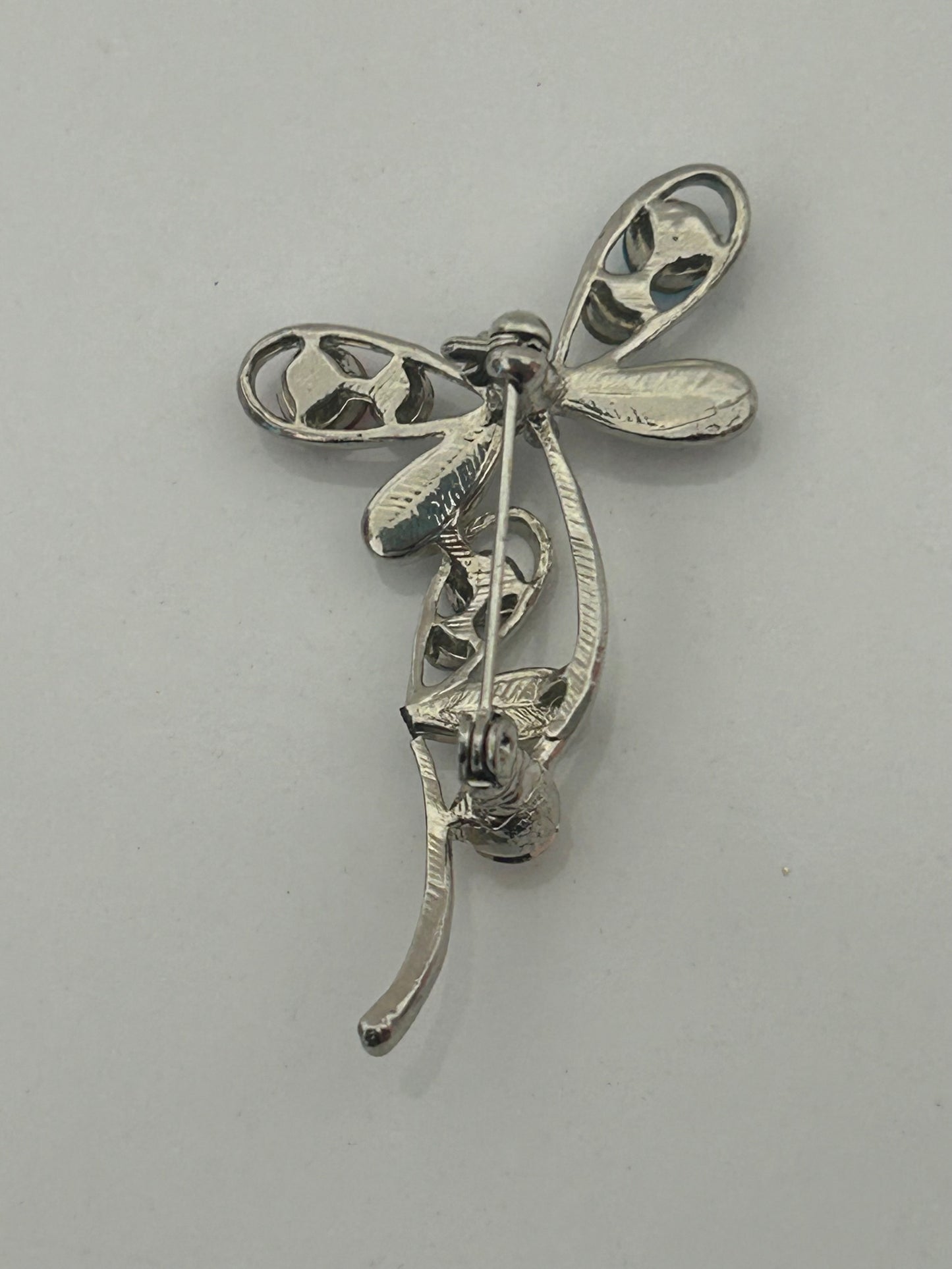 Vintage 1980s Silver Tone Dragonfly On Petal Costume Jewellery Brooch