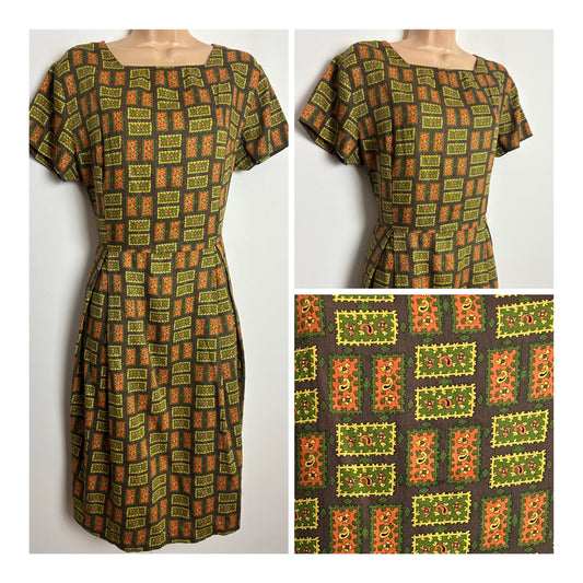 Vintage Late 1950s Size 12-14 Brown Orange Green & Yellow Paisley & Floral Oblong Print Cotton Pleated Day Dress