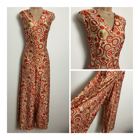 Vintage 1970s Size 8 Burnt Orange Cream & Beige Concentric Circle Print Wide Leg Jumpsuit