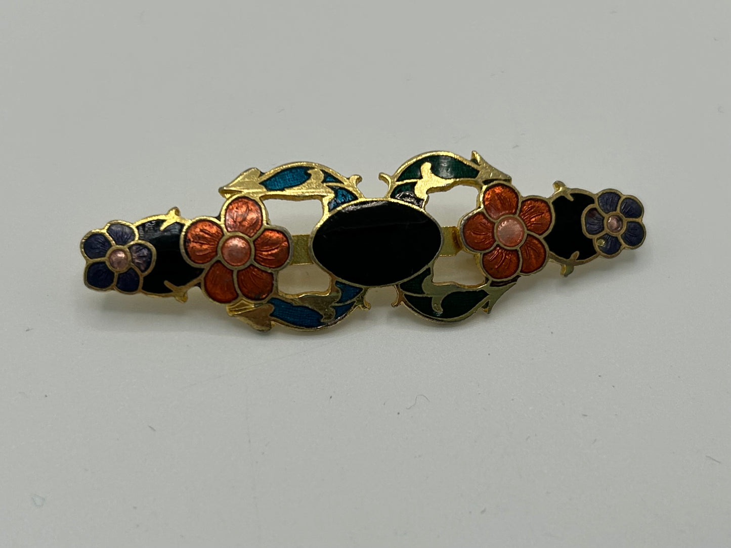 Vintage Gold Tone & Cloisonne Enamel Cutwork Bar Brooch