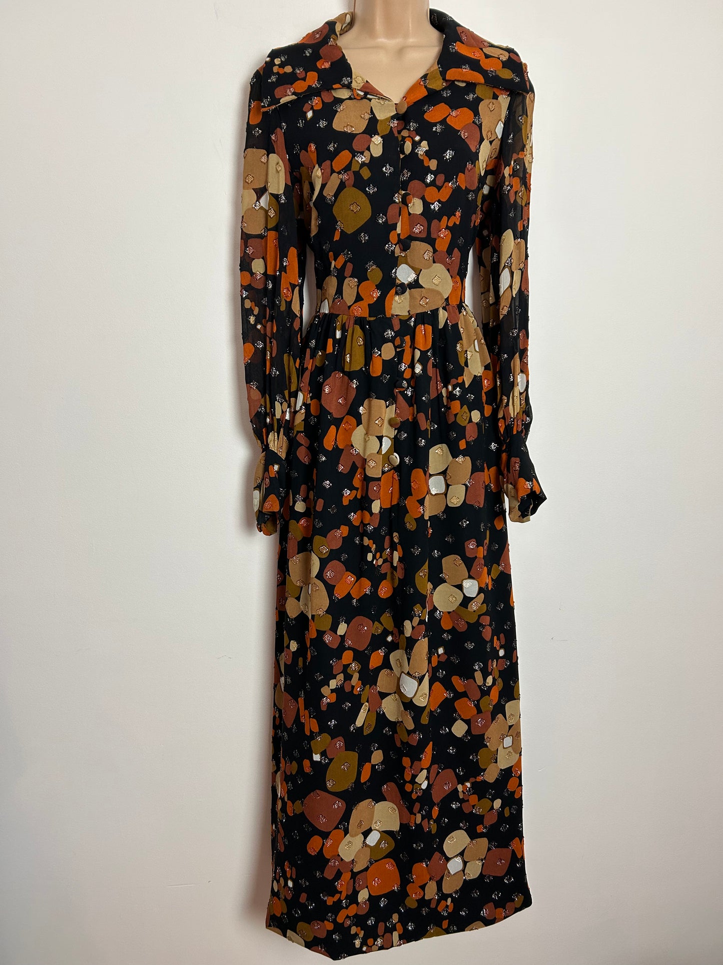 Vintage 1970s ROGAIRE UK Size 12 Black Rust Brown Beige & Gold Abstract Print Long Sleeve Occasion Dress