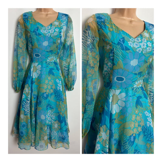 Vintage 1970s BERNARD FRERES UK Size 8 Blue & Green Tones Floral Print Long Sleeve Chiffon Dress