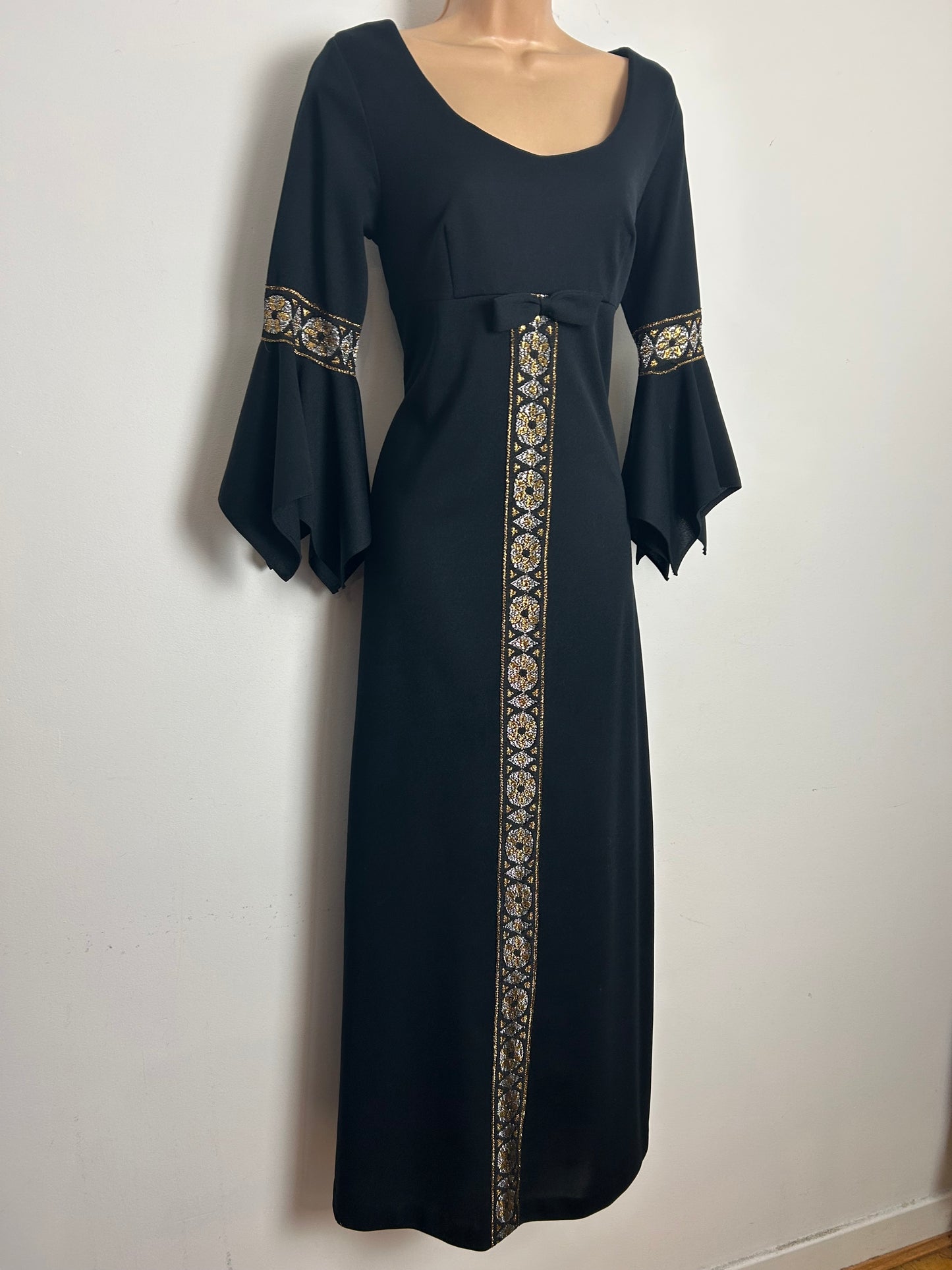 Vintage 1970s Size 8 Black & Metallic Gold & Silver Detail Flared Cuff Evening Maxi Dress