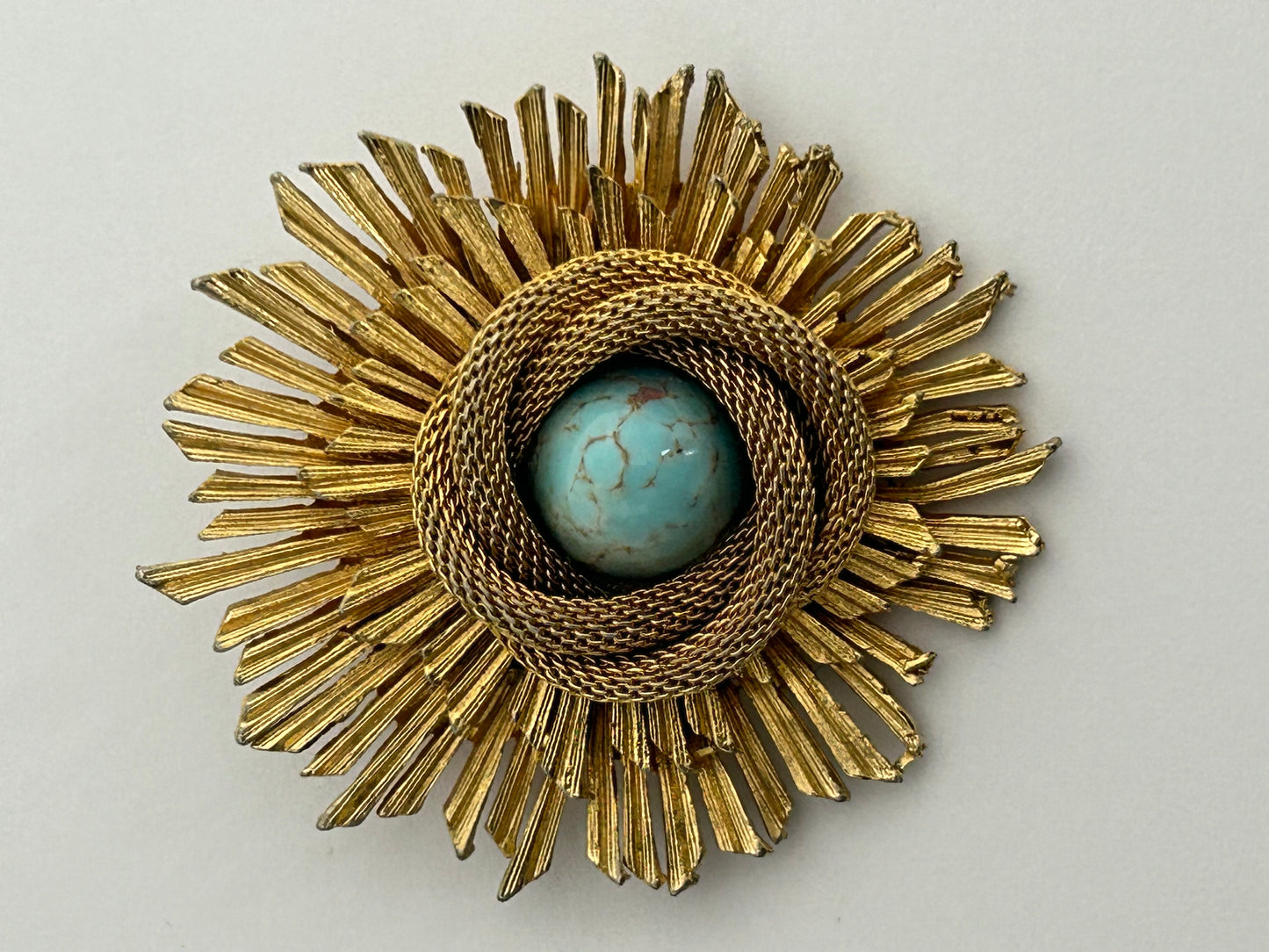 Vintage 1960s Gold Tone Base Metal Sunburst Turquoise Stone Set Brooch