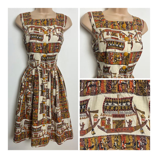 Vintage 1950s STYLED BY LOUNGEES Size 6 White Brown & Orange Ethnic Novelty Print Boats & Horses Cotton Pleated Day Dress