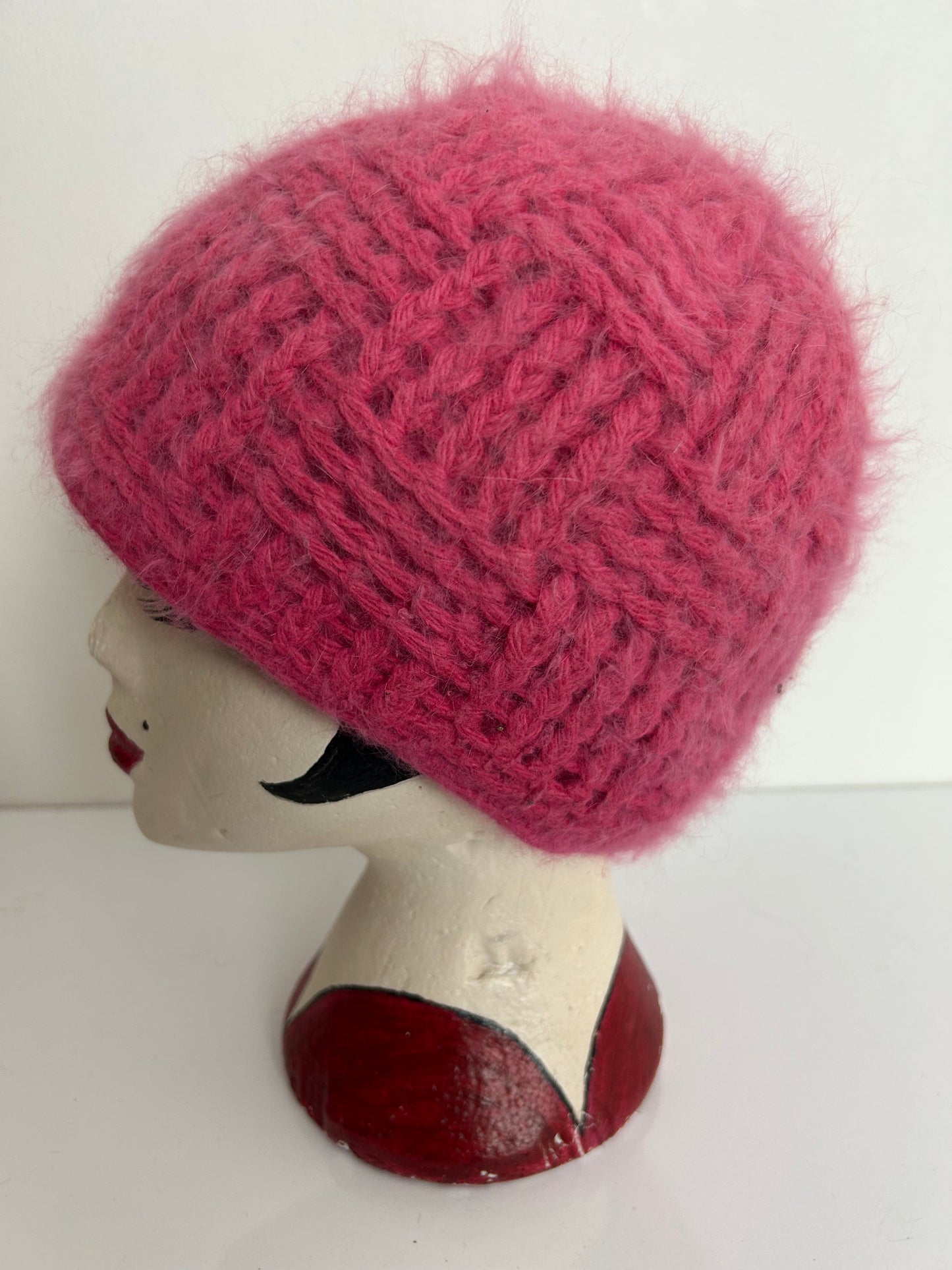 Vintage Pink Wool & Angora Mix Chunky Knit Reversible Beanie Hat