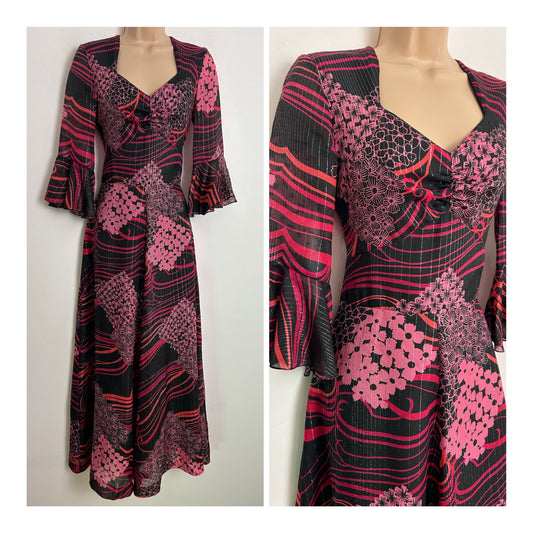 Vintage 1970s UK Size 8 Black & Pink Tones Floral & Stripe Metal Pinstripe Flared Cuff Boho Maxi Dress