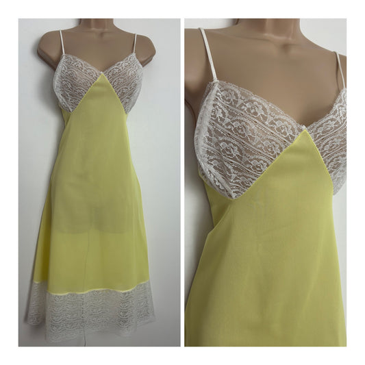 Vintage 1970s Size 12-14 Yellow & White Lace Detail Strappy Slip Stye Nightie