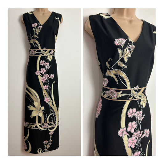 Vintage 1970s Size 14 Black Beige & Pink Floral Print Sleeveless Maxi Dress