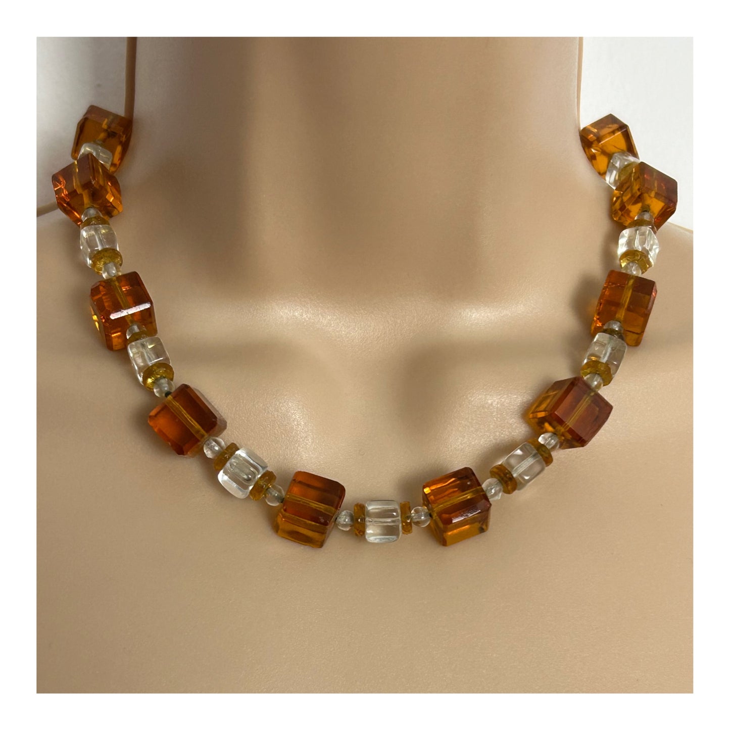 Vintage 1960s Amber Glass & Clear Glass Beaded Choker Necklace