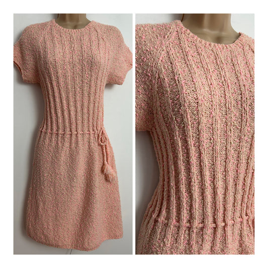 Vintage 1960s UK Size 8-10 Cute Peach Knitted Short Sleeve Draw Tie Waist Mod Dress