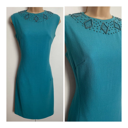 Vintage 1960s UK Size 10 Blue Bead Embellished Detail Mod Party Occasion Shift Dress