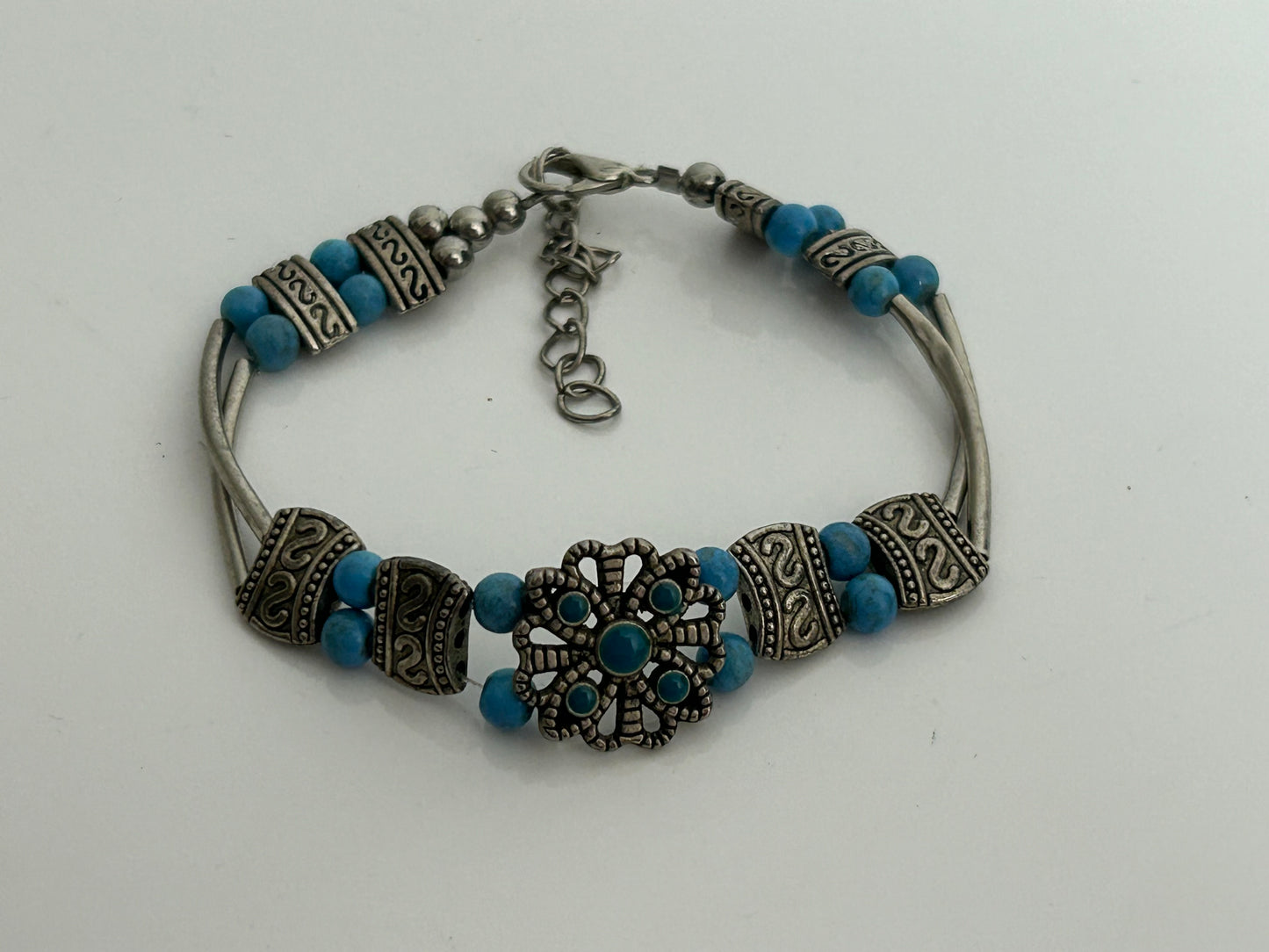 Vintage Silver Tone & Turquoise Beaded Boho Ethnic Style Bracelet