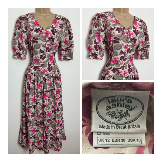 Vintage 1980s Laura Ashley Size 10 (Size 12 On Label) Off White Pink & Purple Tones Floral Print Cotton & Linen Mix Midi Dress