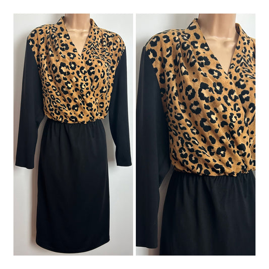Vintage 1980s NORTHERN TERRITORY Size 14 Black & Tan Leopard Animal Print Cross Over V-Neck Day Dress
