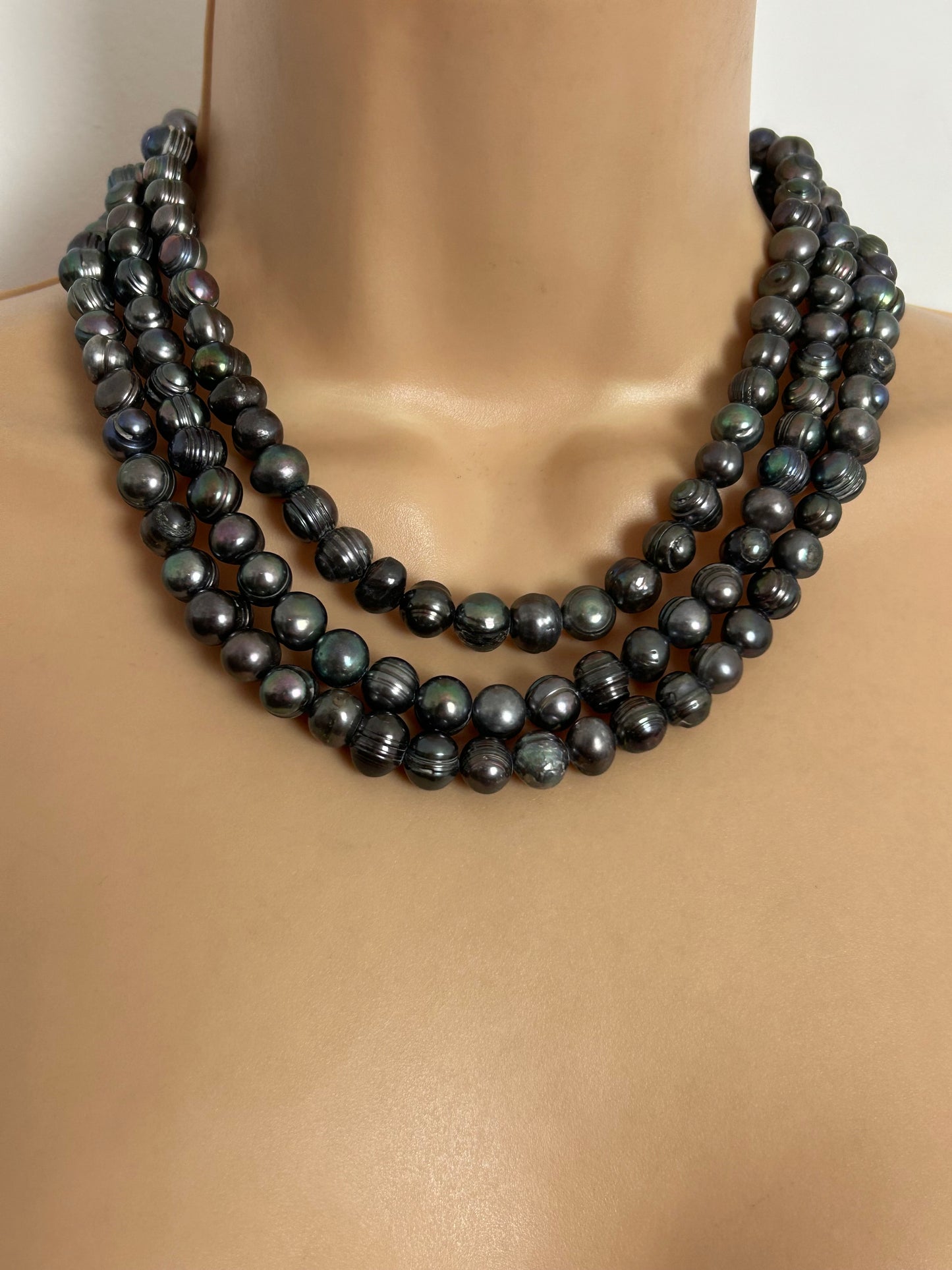 Beautiful Black Real Freshwater Baroque Pearl Multistrand Necklace With Mother Of Pearl Flower Clasp