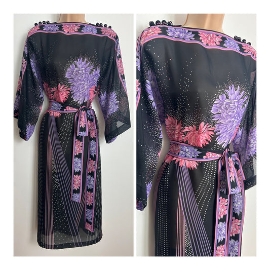 Vintage 1970s ALEX & BARRY BY DEVONMADE Up To Size 12 Black Pink & Lilac Floral & Border Print Chiffon Belted Dress
