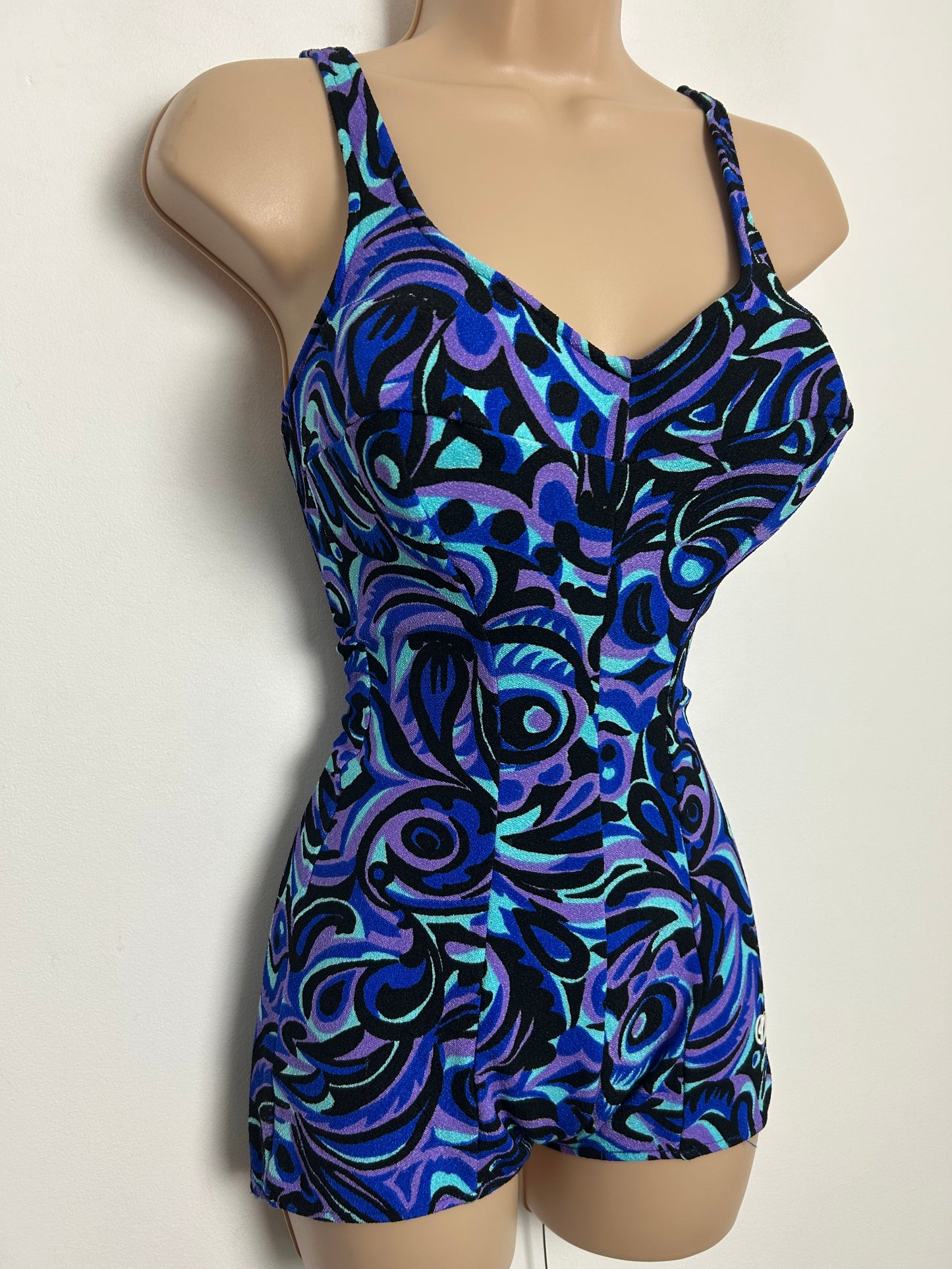 Vintage 1960s LUSA Size 14 Blue Blue & Pink Psychedelic Abstract Print Underwired Swimsuit