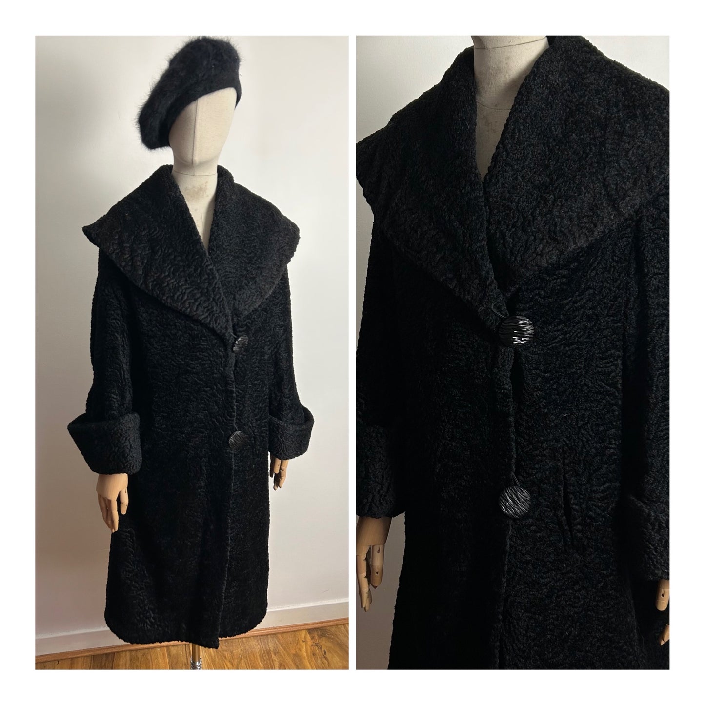 Vintage 1960s NEEDENE MODELL UK Size 12-14 FABULOUS Black Faux Persian Lambs Wool Shawl Collar Coat