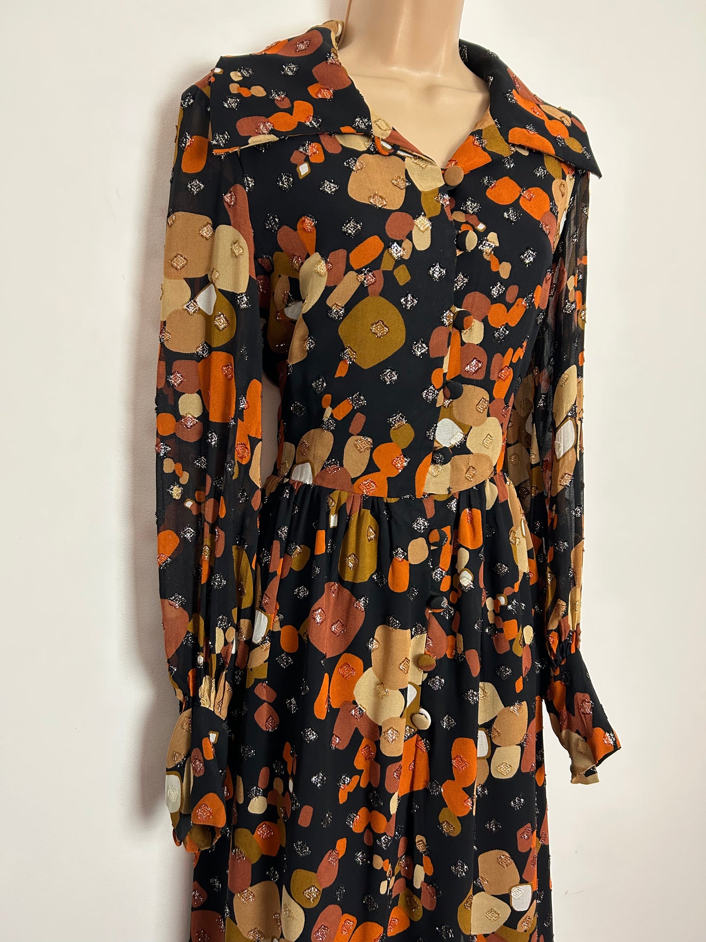 Vintage 1970s ROGAIRE UK Size 12 Black Rust Brown Beige & Gold Abstract Print Long Sleeve Occasion Dress