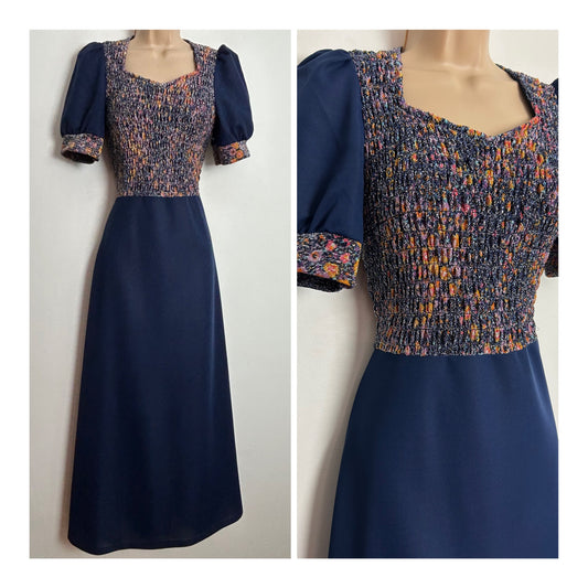 Vintage 1970s UK Size 8 Dark Blue & Orange Lurex Shirred Bodice Short Sleeve Evening Maxi Dress