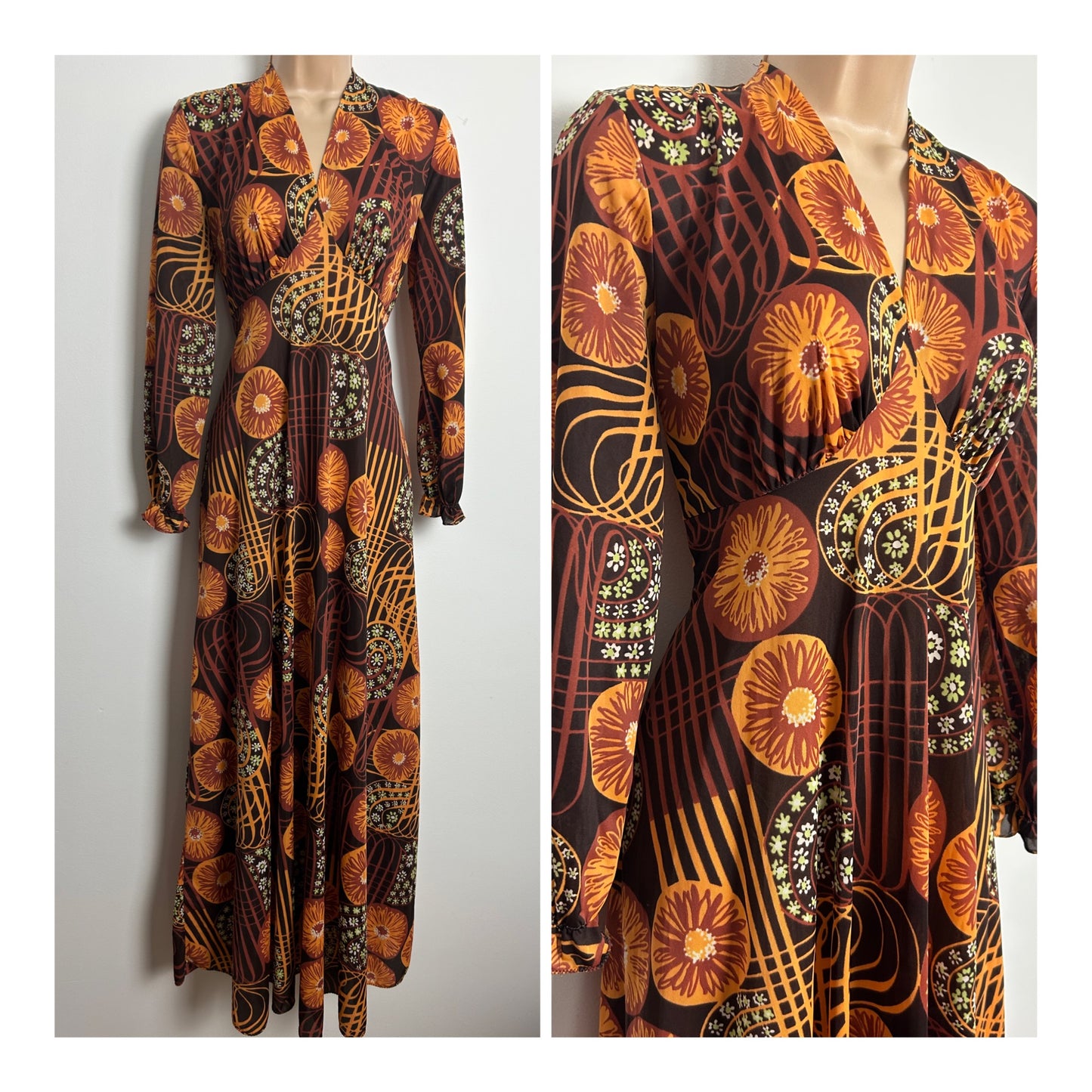 Vintage 1970s Size 8 Brown Tones "Spirograph" Abstract Print Long Sleeve Empire Line Maxi Dress