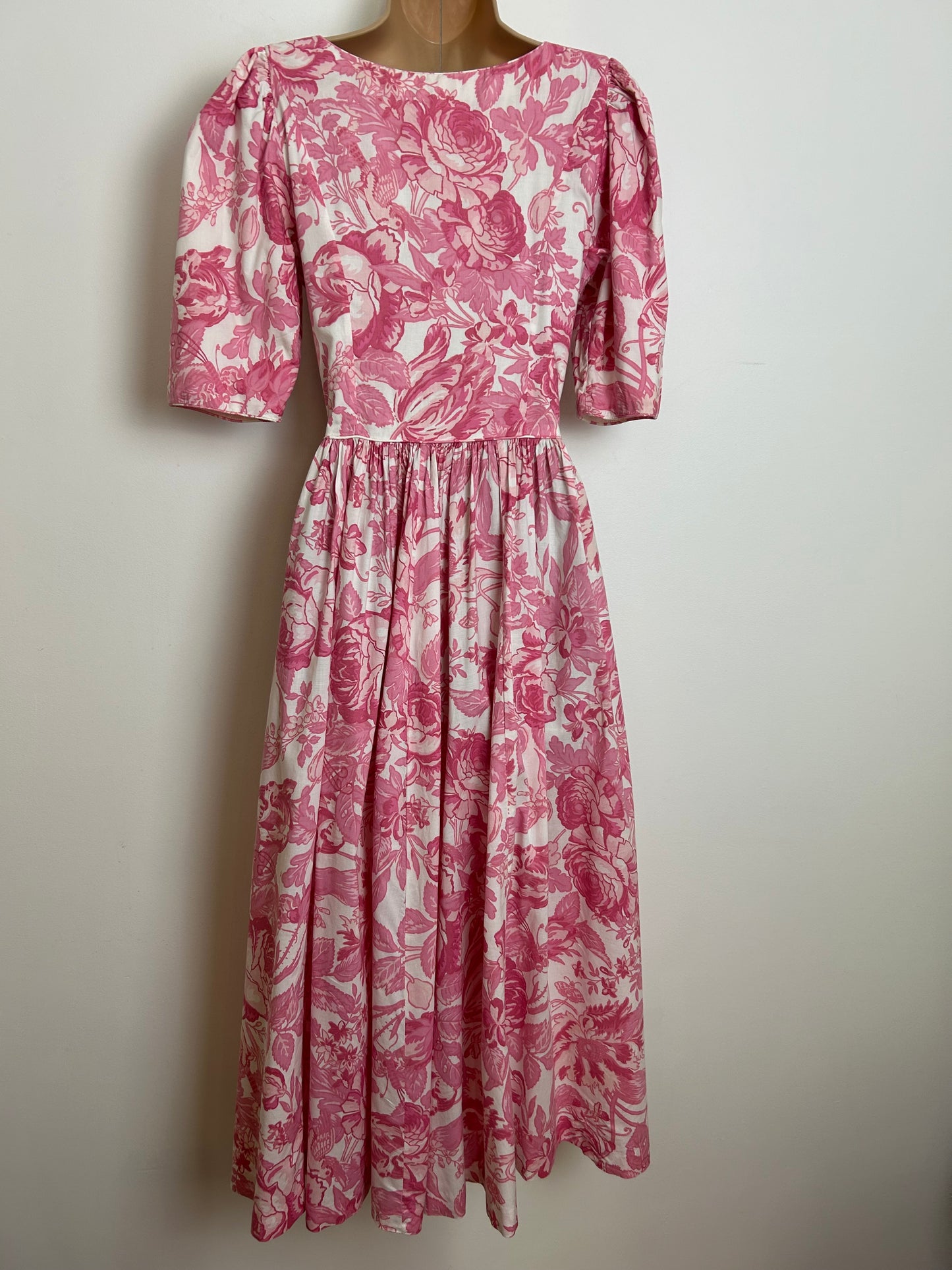 Vintage 1980s LAURA ASHLEY Size 10 (14 On label) Pink & white Floral Bird & Butterfly Print Cotton Midi Dress